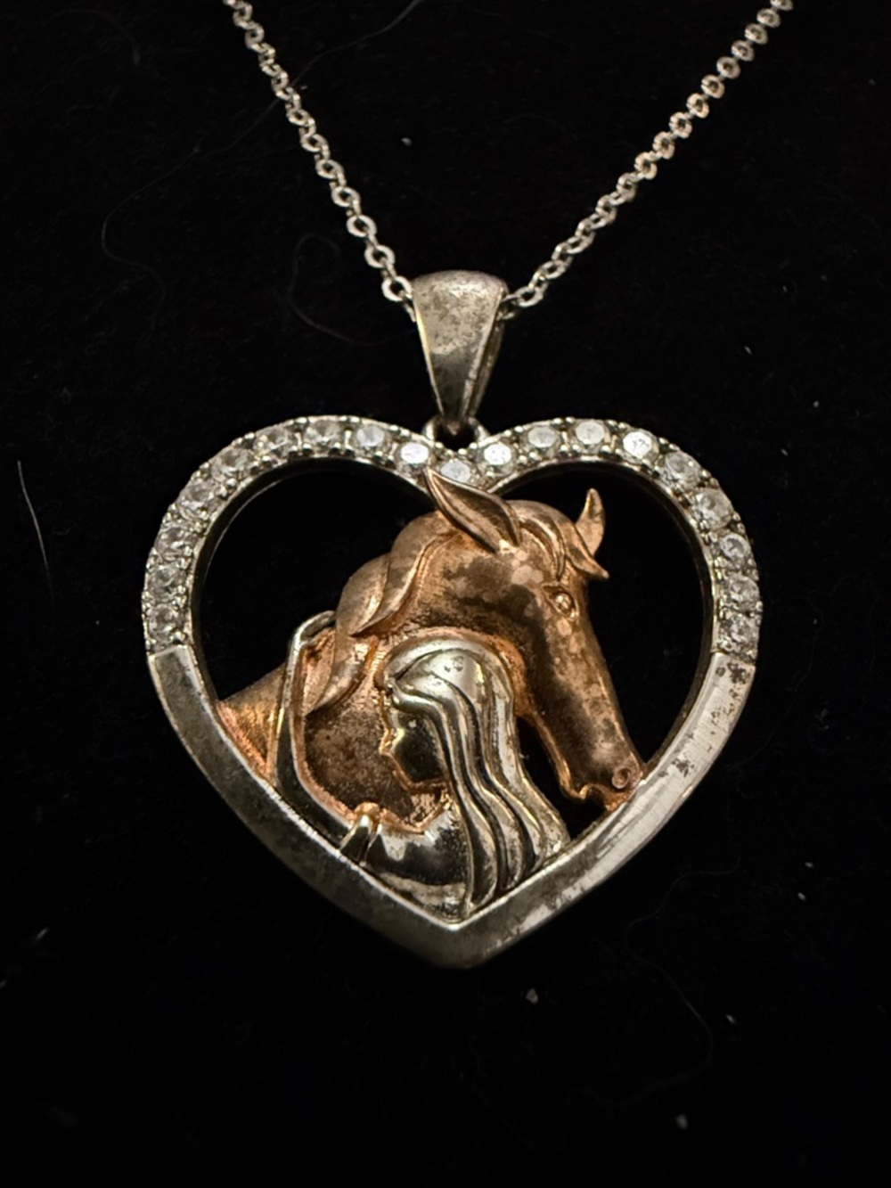 Heart Pendant Necklace with Horse & Rider Motif in Rose and 925 Silver